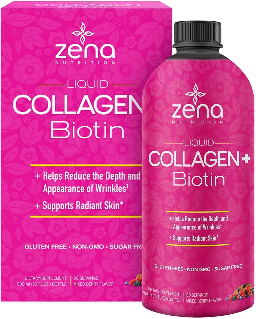 Zena Liquid Collagen + Biotin: 2500mg Collagen, 5000mcg Biotin, Verisol Formula 124; Rambut, Skin, Nail & Gabungan Dukungan 124g; Non-GMO, Campuran Berry Flavor 126; 90