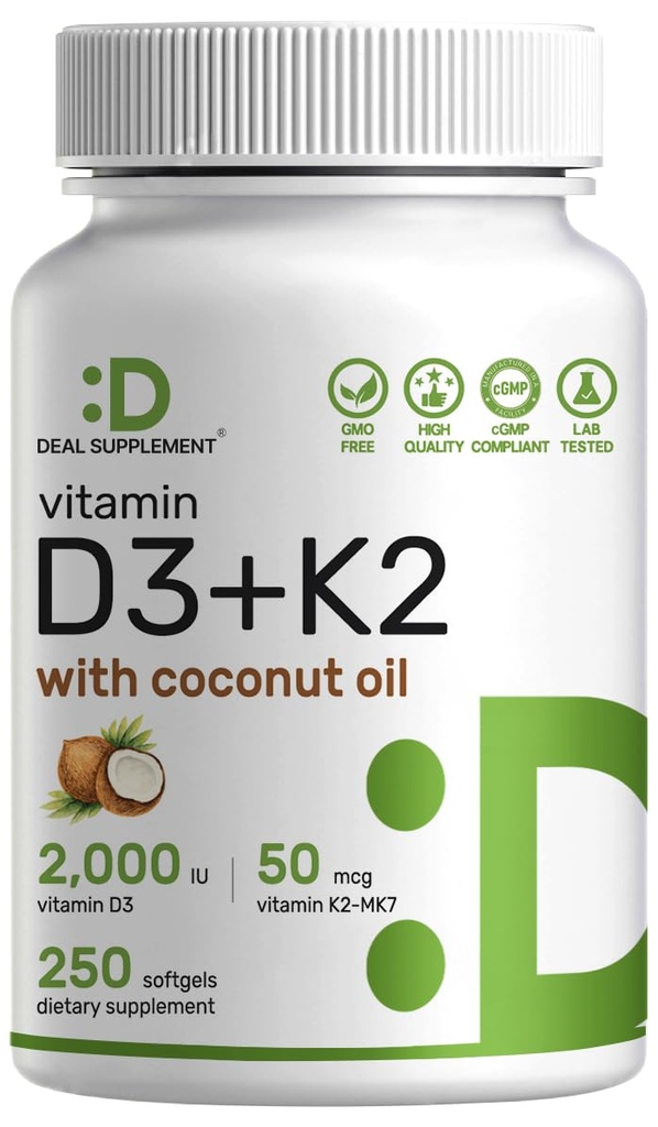 DEAL SUPLEMENT Vitamin D3 2.000 IU + K2 MK7 50mcg Softgels 124; 2-in- 1 Kompleks dengan Virgin Coconut Oil 124; Support Heart, Bone, Teeth & Imune Kesehatan 124; Mudah untuk menelan