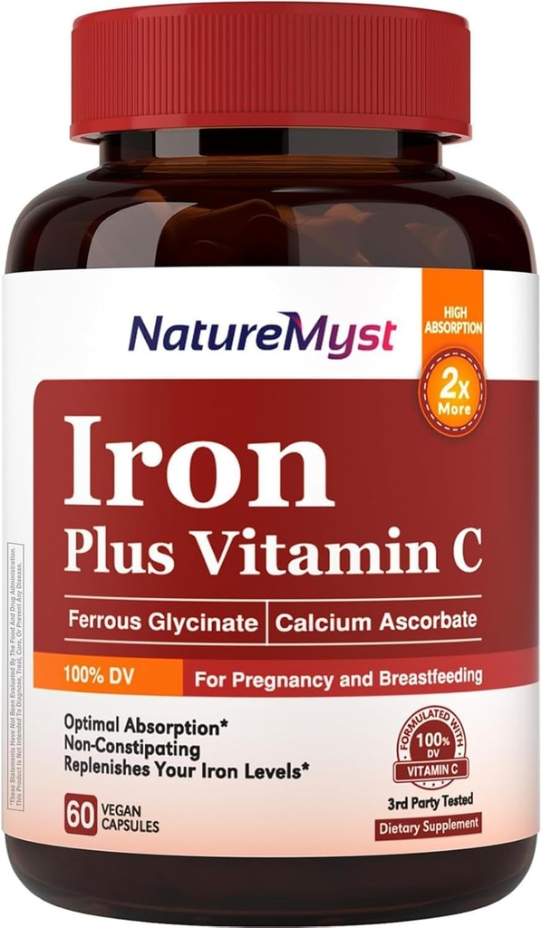 Tambahan Besi Lembut untuk Pria Perempuan, 27mg Besi Bisglycinate Plus 120mg Vitamin C, Stomach Friendly, Optimal Absorpsi & Nun-Constipating Iron Pil, Gluten Bebas, Non-GMO, 60 Vegan Caps