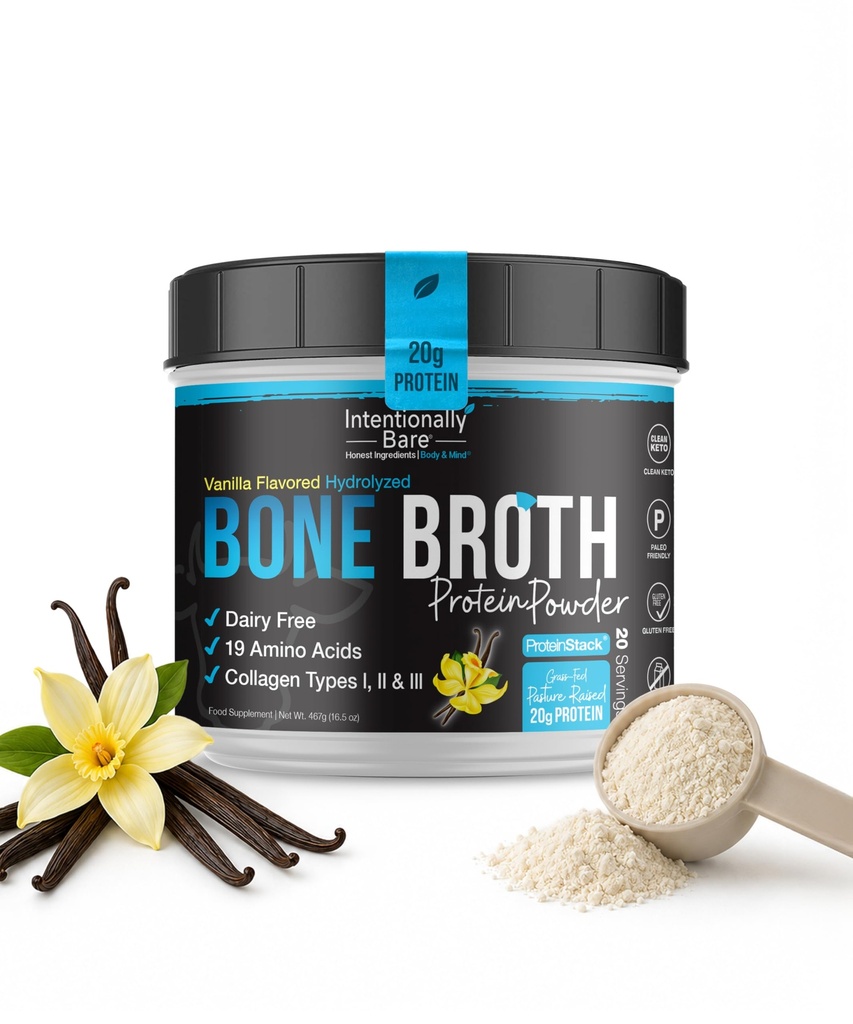 Intensionally Bae Bone Bromin Powder Vanilla - Grass Fed Protein Powder dengan Multi Collagen Peptides Tipe 1 2 dan 3 - Dairy Free Bone Broth Powder untuk Skin, Gut dan Bersama - 20 Pelayan