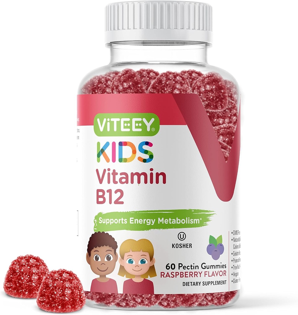 Viteey Vitamin B12 for Kid Gummies, 10000 mcg - Metabolisme, Dukungan Energi Alam - Vegan, Gelatin Free, Gluten Free, GMO Free - Tasty B12 Raspberry Flavored Gummy