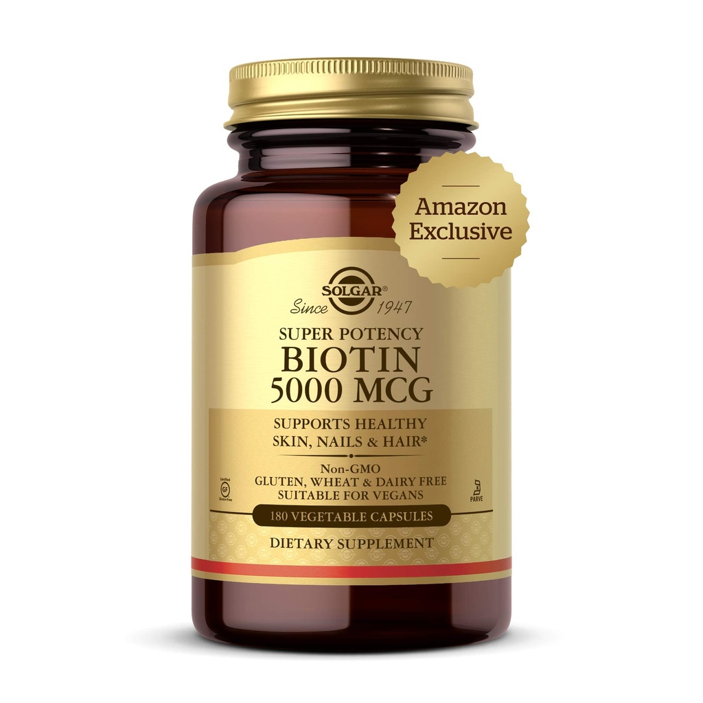 Solgar Biotin 5000 mcg - Support Heally Skin, Nails & Hair - Support Energy Production & Metabolisme - Vitamin B - Non-GMO, Vegan, Gluten Free Count