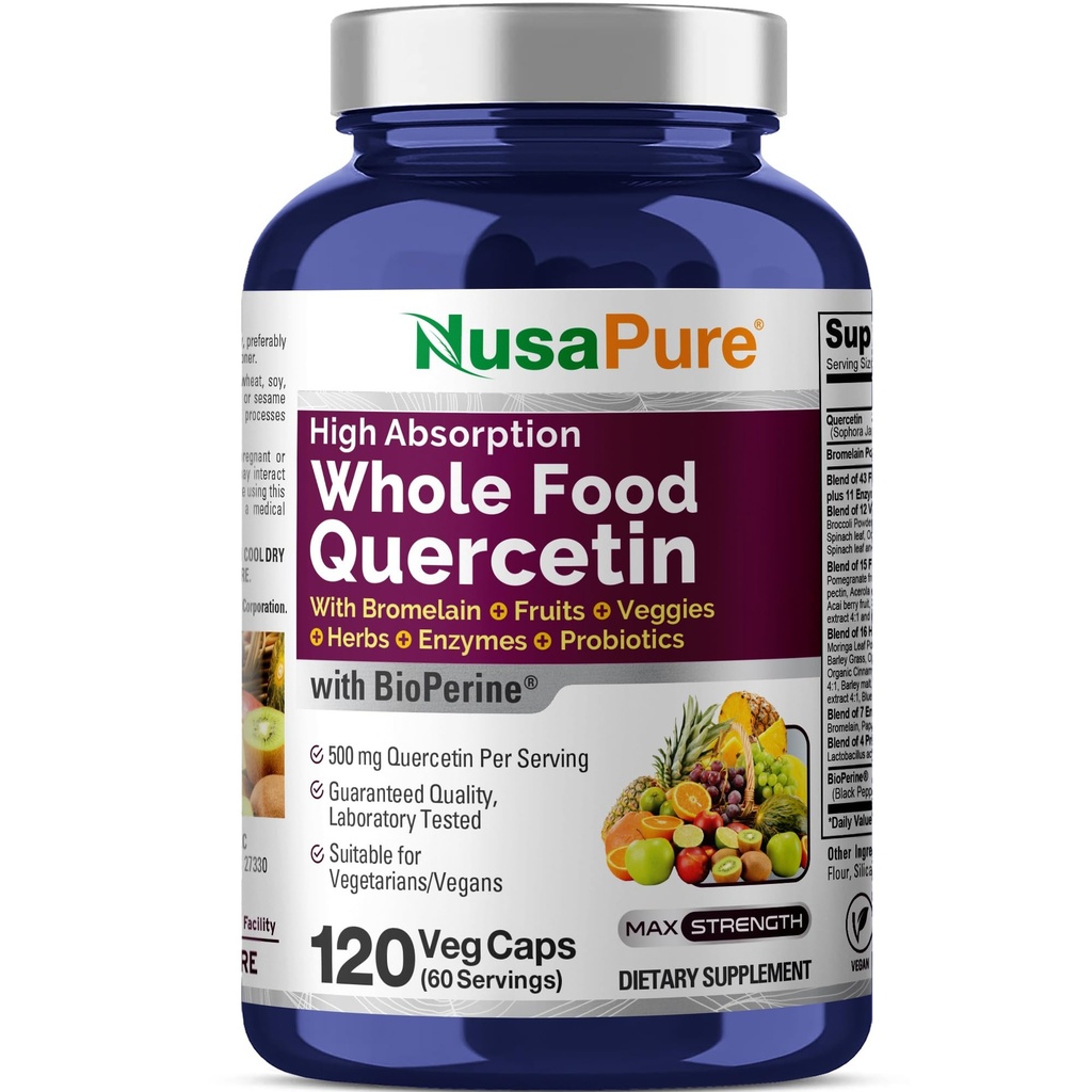 NusaPure Quercetin dengan Bromelain 500mg 124; 120 Veggie Caps 14; 43 Veggie Buah Grain Herbs Enzyme Probiotic Blend 126; Non-GMO, Vegan, Bioperin