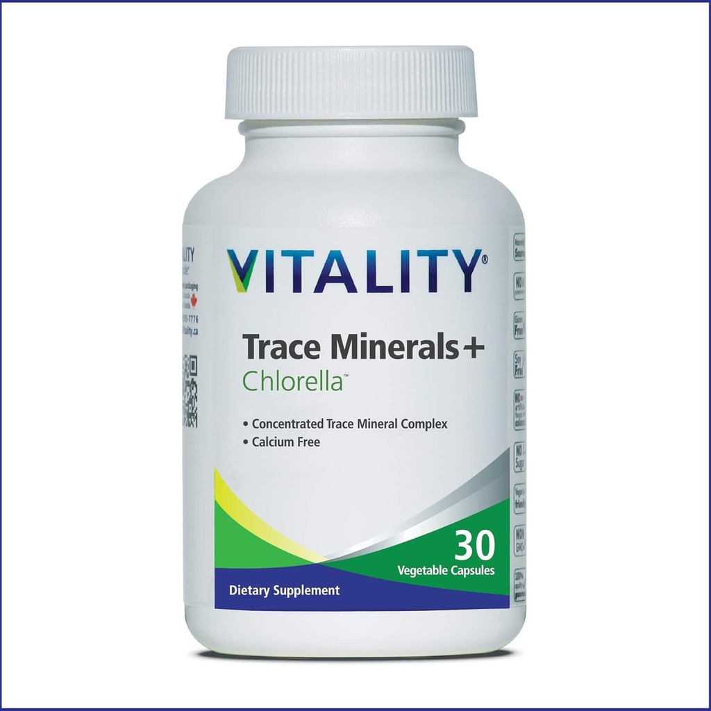 Vitalitas Trace Mineces + Chlorella - 30 Days / Capsules- Kanada - Membuat Spectrum Penuh Kompleks Mineral 124; Manganese, Zinc, Selenium & Lebih 124; Menyediakan Energi dan Kepunisan. Vegan, Allergen- Bebas.