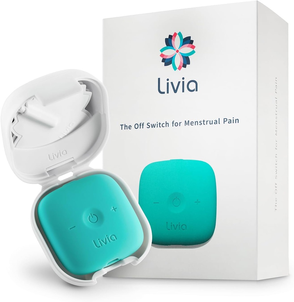 Livia Menstrual Pain Relief Device, Blue- Green - Off- Switch for Perise Pain - Portable & Discreet - Rechargable, Up to 12 Hours Battery - Complete Kit with Stick- On Pads - The Go-to Travel Partner