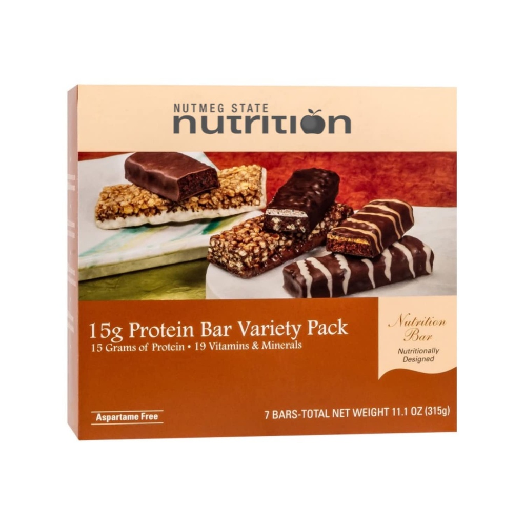 Nutmeg State Nutrition High Protein Snack and Meal Replacement Bar / Diet Bars - 15g Protein Bar Variety Pack (7ct) - Trans Fat Free, Aspartame Free, Kosher, High Fiber