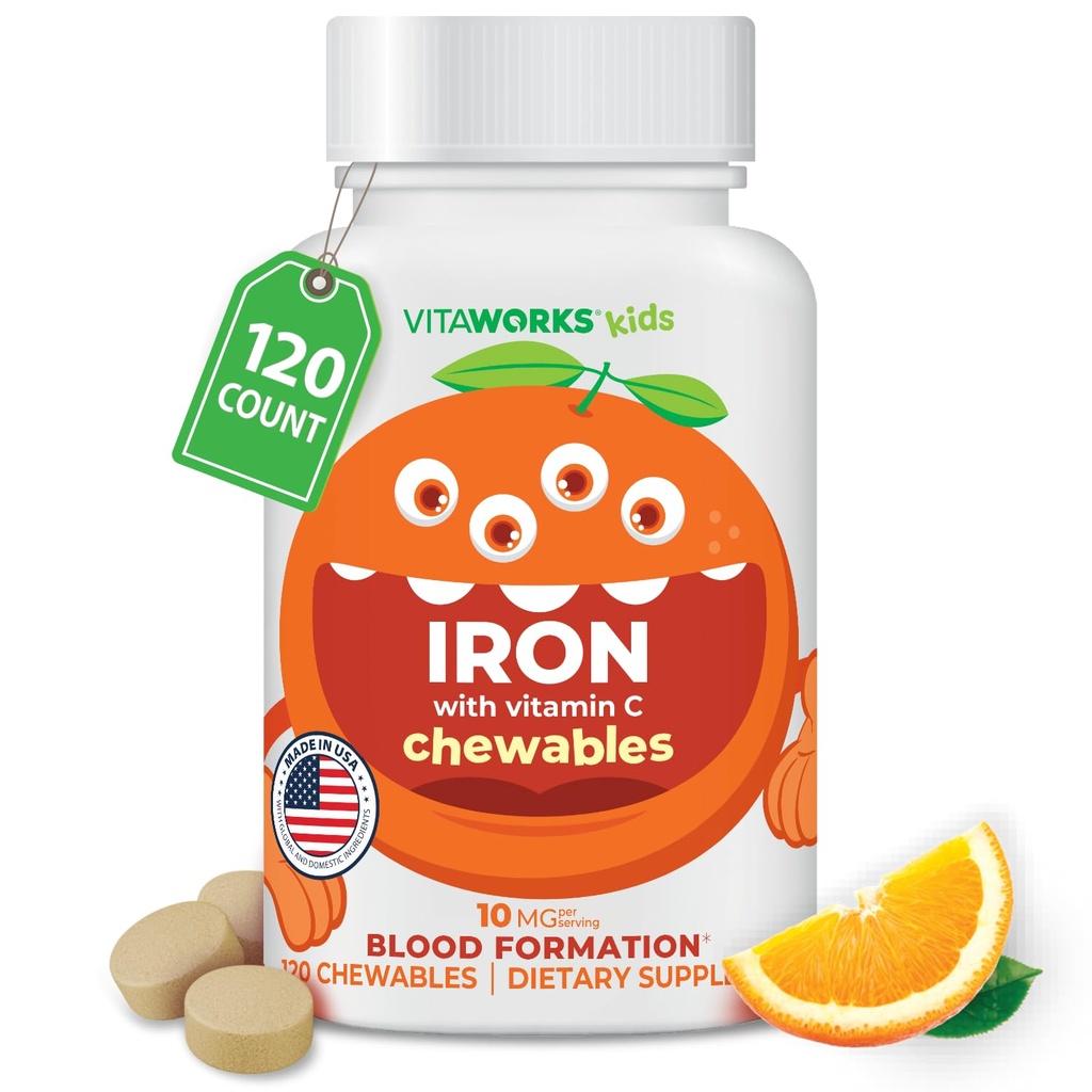 Anak-anak Besi 10mg dengan Vitamin C 50mg Tablet Dapat Disable - Tasty Natural Flavored - Vegan, Vegetarian, GMO- Free, Nut Free - Dietary Iron Supplemen - Formasi Darah untuk Anak - 120 Chewables