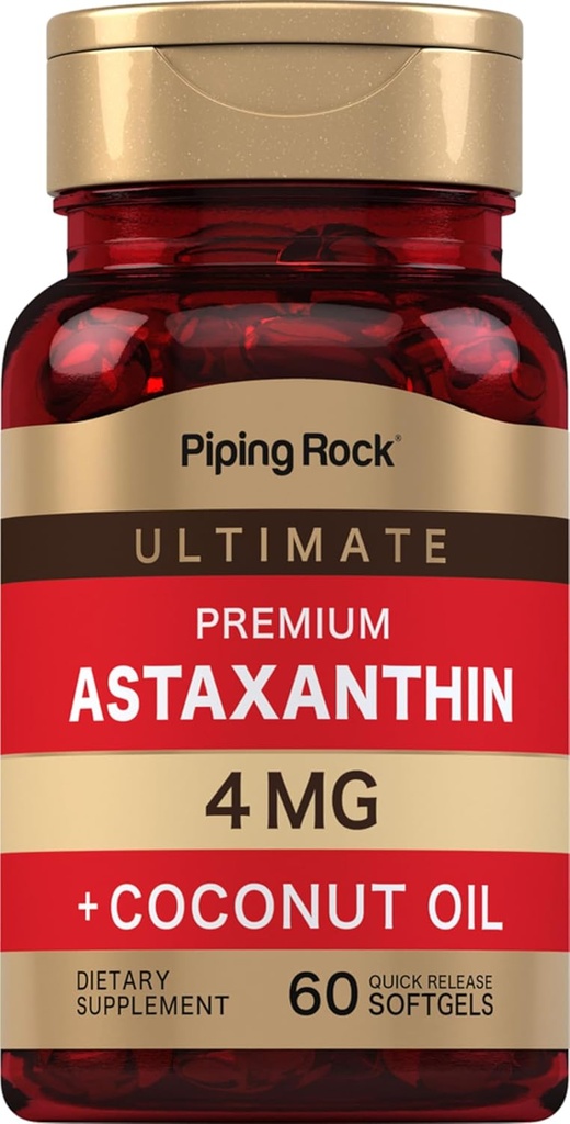 Piping Rock Astaxanthin 4mg 124; 60 Softgeels 124; dengan Coconut Oil 124; Algae Extract Suplemen 124; Non GMO, Gluten Bebas