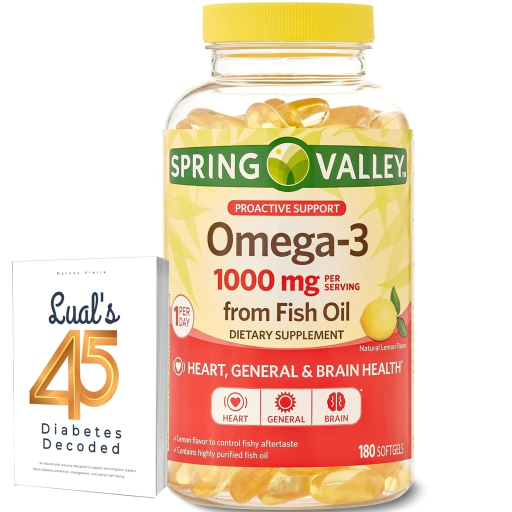 Spring Valley Omega-3 Fish Oil Soft Gels, 1000 mg, 180 Count, Dietary Supplement, Omega-3 Fatty Acids Bundle dengan 45 Diabetes Lual Decoded