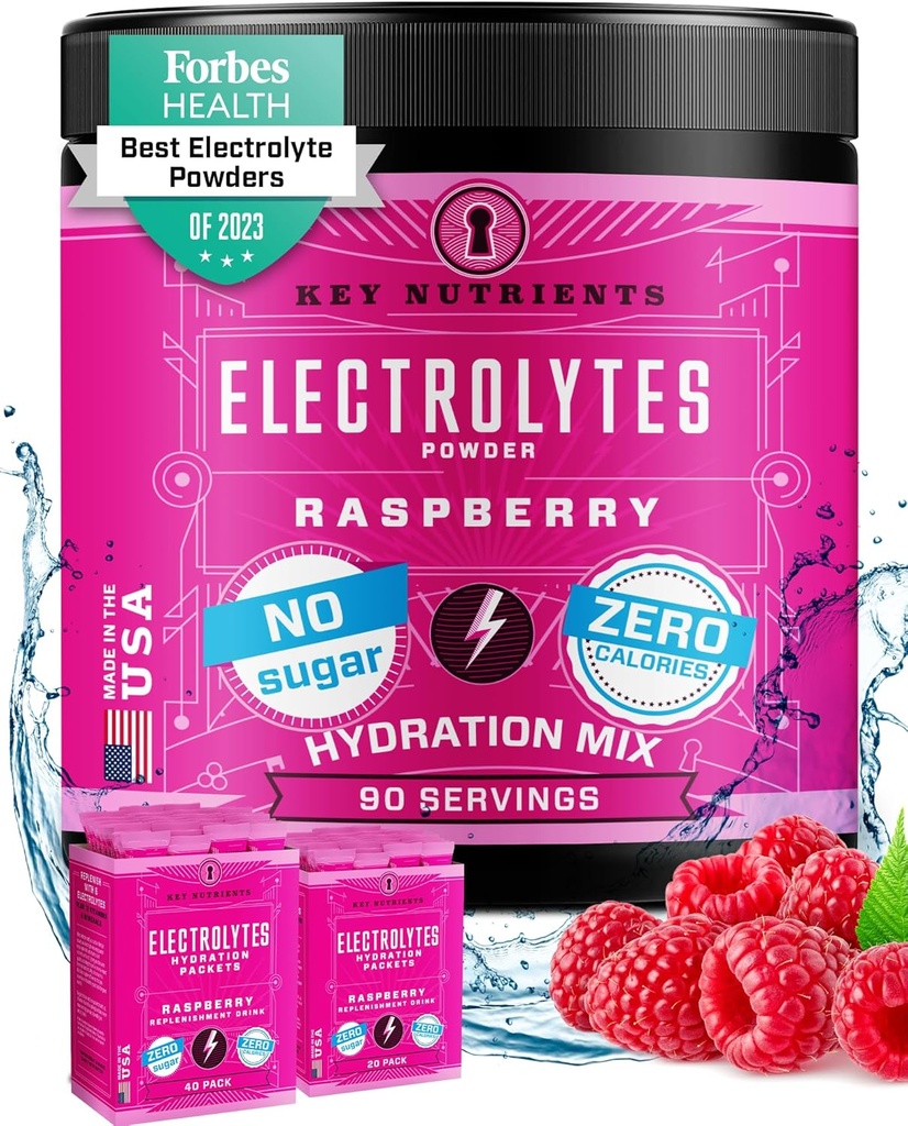 KEY NUTRIENTS Multivitamin Electrolytes Powder No Sugar - Juicy Raspberry Electrolite Powder - Hydration Poader - No Calories, Gluten Free Keto Electrolytes Powder - 90 Servings - Dibuat di Amerika Serikat