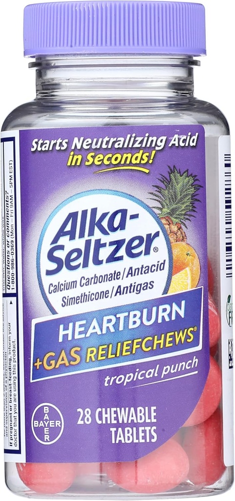 Alka- Seltzer Heartburn + Gas ReliefChews - Relief of Heartburn, Gas, Acid Internable, dan Sour Stomach - Tropical Punch Flavors - 28 Count