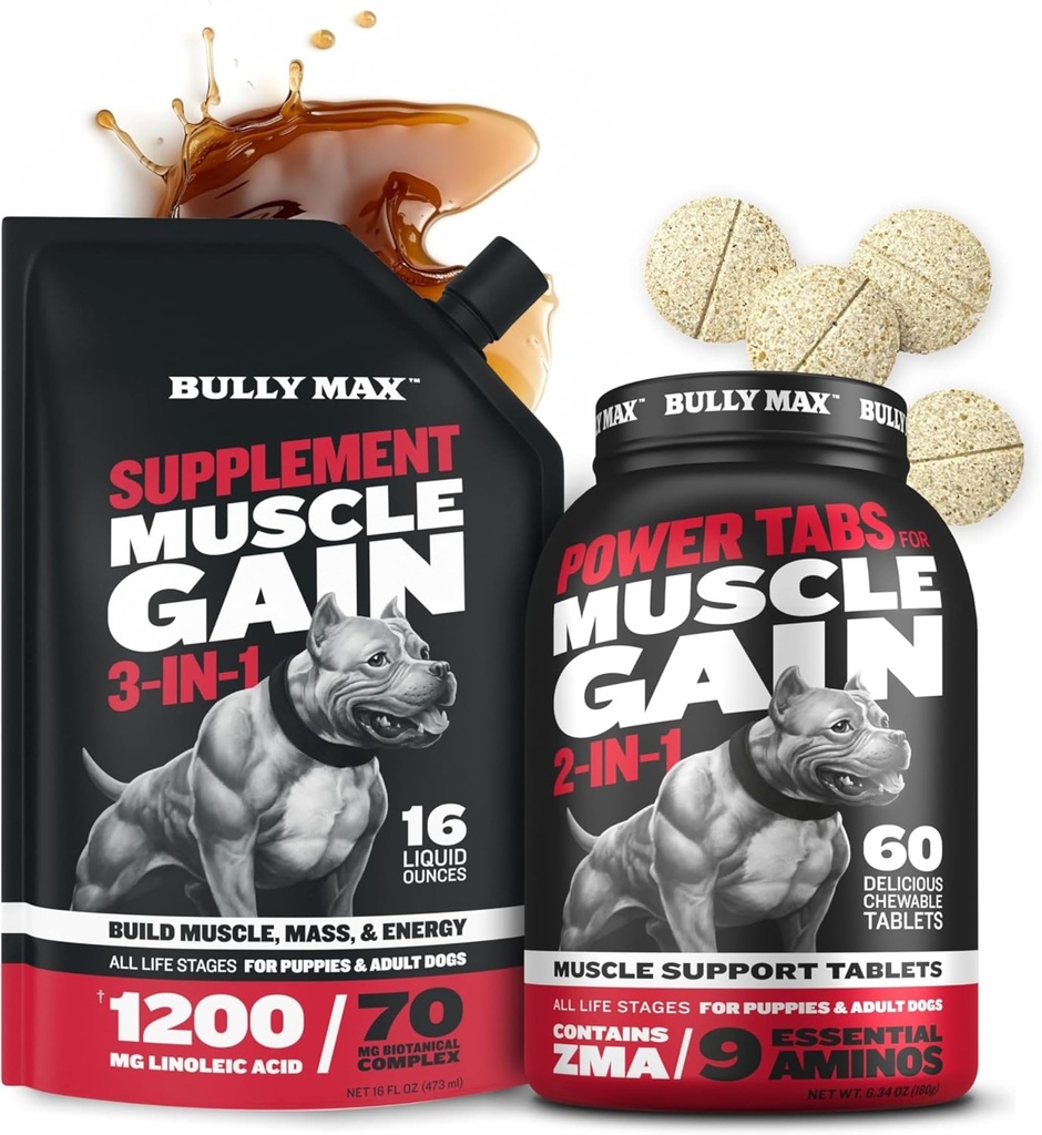 Bully Max 3-in- 1 Liquid Dog Muscle Builder and Power Tab (60 tab) Bundle - High Protein Suplemen & Chewable Multivitamin untuk Pertumbuhan Otot, Energi & Pemulihan di All Breeds, Puppy & Dewasa
