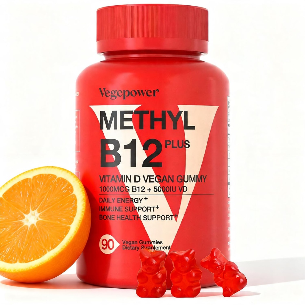 Vegan Vitamin D3 & B12 Gummies, Metil B12 Suplemen untuk Dewasa & Anak-anak, dilengkapi dengan Vitamin D 3 untuk Natural Energy, Imune, Metabolisme & Fokus, Orange, 90 Gummies