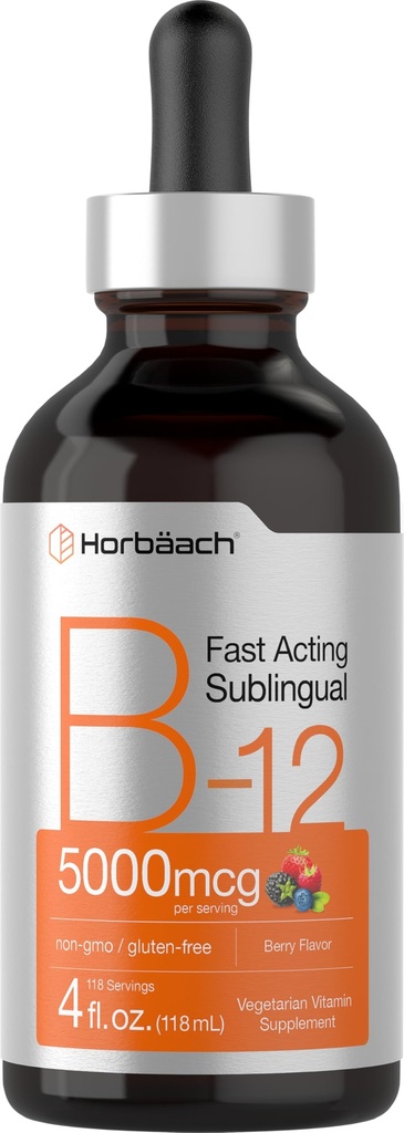 Horbaach B12 Vitamin 5000 mcg Sublingual 124; 4 Fl Oz 124; sebagai Methylcobalamin dan Cyanocobalamin 124; Pound Vegetarian Drops 124; Berry Flavor 124; Non-GMO & Gluten Free Supplemen