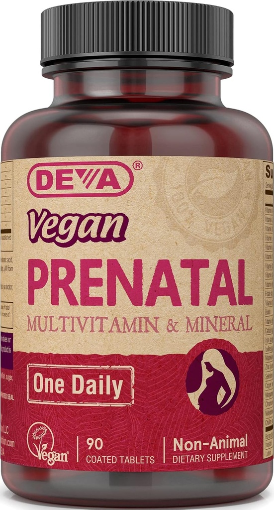 Deva Vegan Prenatal Multivitamin dan Mineral Suplemen - Satu Hari Formula-Permula - Vitamin A, C, D, E, K, Kompleks B, dengan Falate & Chlated Besi - 90 tablet berlapis, 1 - Pack