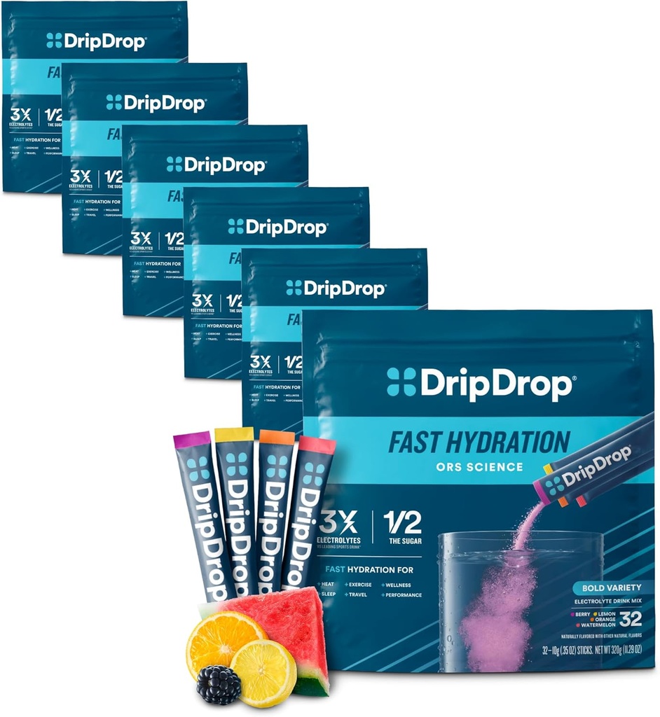 Paket Hidration DripDrop - Paket Keanehan Tebal - Last Serve Electrolytes Powder Minum Mix - Semangka, Berry, Lemon, Orange - None-GMO, Gluten Bebas, Vegan - 192 Tongkat