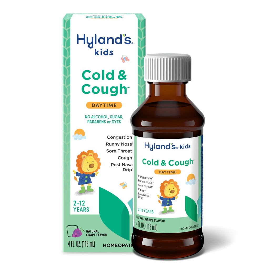 Anak-anak Hyland, Dingin dan Batuk, Obat-obatan Grape Siang Hari, Obat-obatan untuk Anak-anak Umur 2 dan naik, Decongestant, Sore Throat Relief, Perlakuan Alam untuk Symbol Dingin Umum, 4 Fl Oz