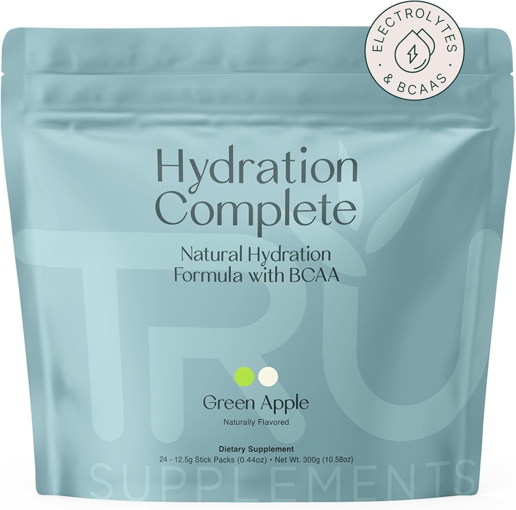 Suplemen TRU Hidration Complete BCAA, Plant Based Amino Acids + Pink Himalaya Salt, Electrolytes & L- Carnitine, Vegan, Zero Calories, tidak ada pemanis buatan, 24 Apple Hijau