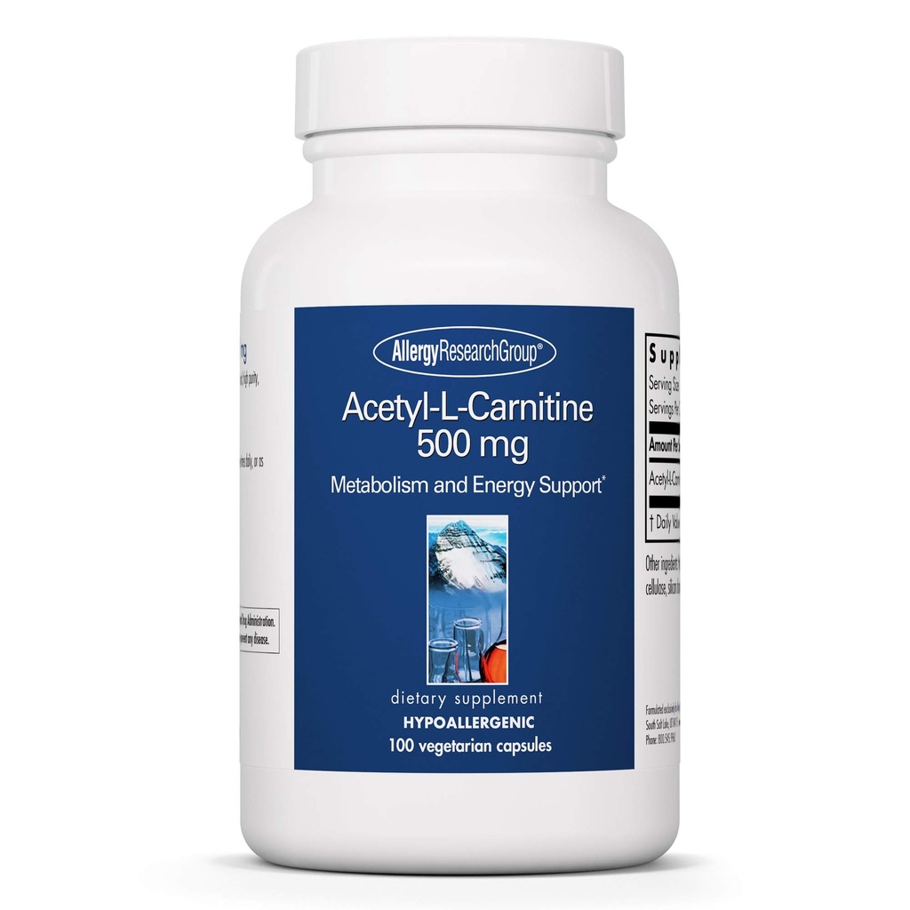 Allergy Research Group Acetyl- L- Carnitine 500mg Suplement - Metabolisme dan Energi Dukungan, ALC, Form Amino Acid, Vegetarian Capsules - 100 Cacah