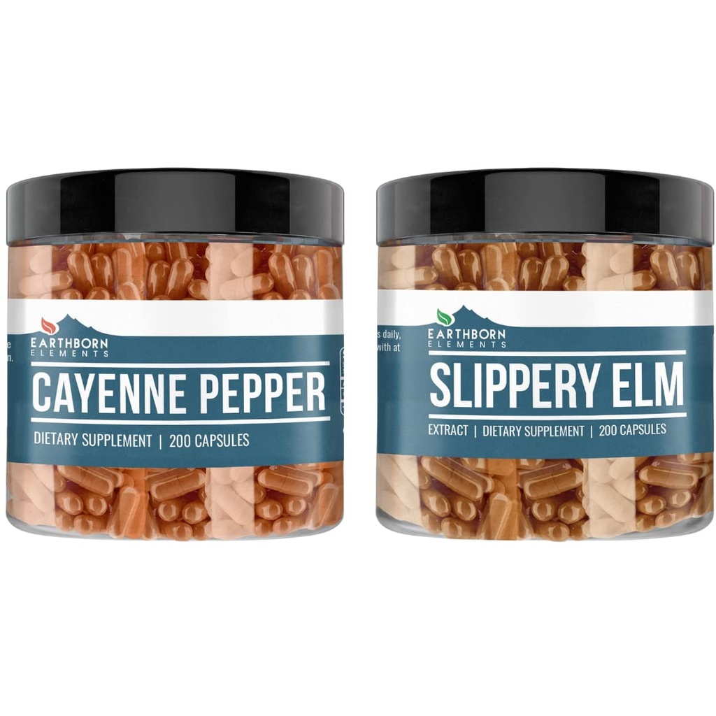 Elements Earthborn Cayenne Pepper & Slippery Elm Bundle (200 Capsules Setiap) Pure & Undiluted, No Addonves