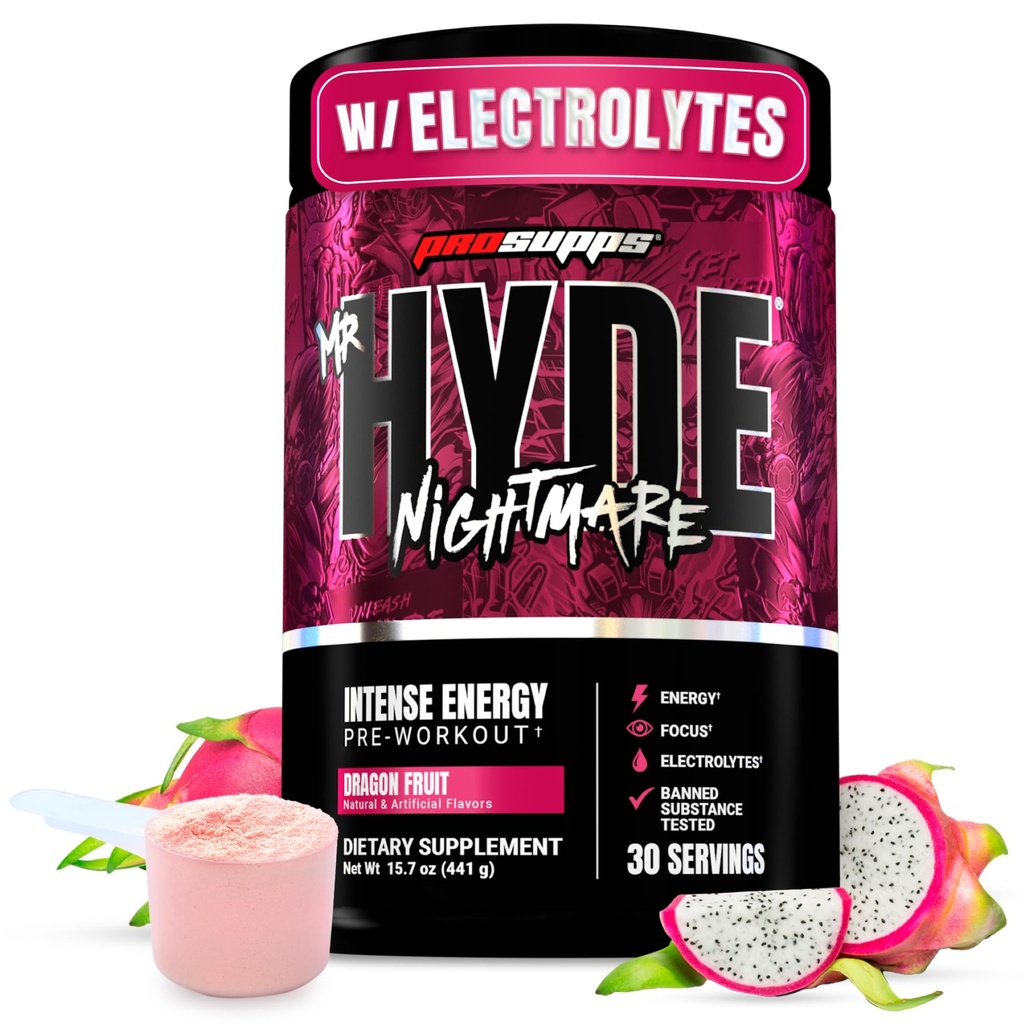 PROSUPPS Mr. Hyde Nightmare Pre Workout Powder dengan Caffeine & Beta Alanine - Prescraining for Intense Energy, Mental Focus & Formance - Gym & Fitness Suplemen (Dragon Fruit, 30 Servings)