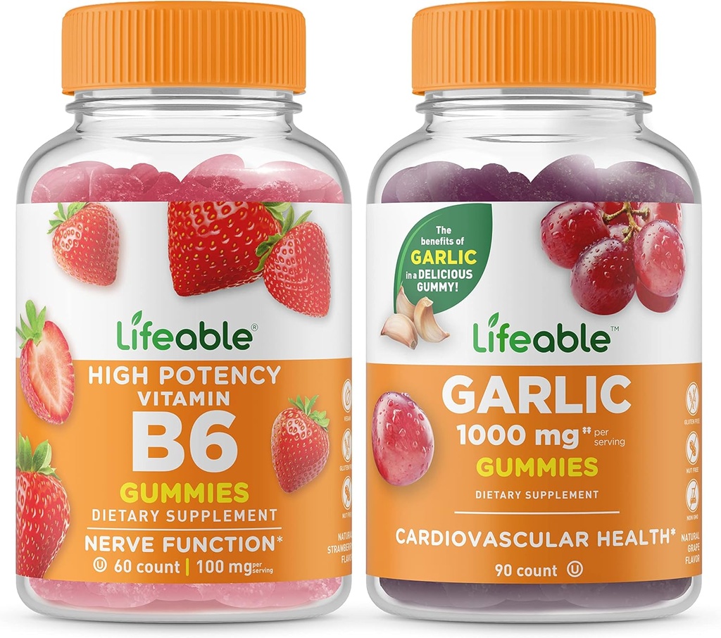 Lifeable Vitamin B6 + Bawang putih, Gummies Bundle - Great Tasting, Vitamin Suplemen, Gluten Bebas, GMO Bebas, Dapat Dikunyah