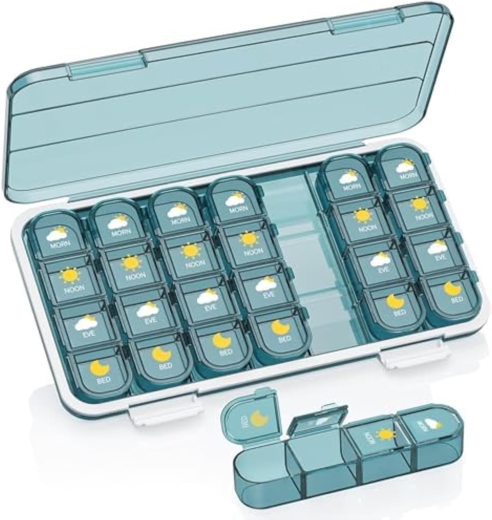 Pill Organizer 4 Kali Hari, Pill Box 4 Kali Hari 7 Hari - Acedada Kotak Pengelola Obat Mingguan dengan Kasus Terpisah, Portable Daily Pil Container Dispenser untuk Vitamin, Ikan Oil, Suplemen, Biru