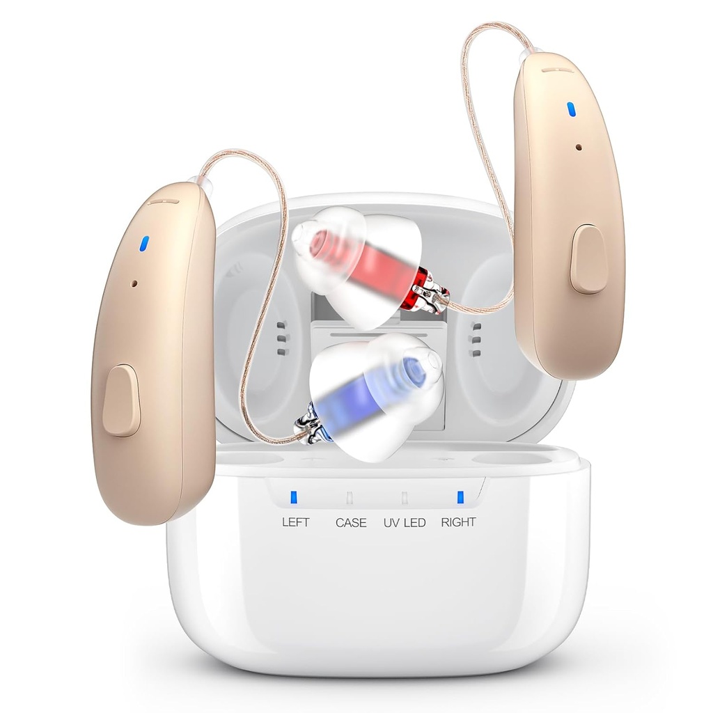 Dapat diisi ulang alat bantu dengar untuk Senior - di belakang The-Ear BTE Hearing Aid dengan Noise Cancelling for PAST Hearing Loss, Invisible OTC Hearing Amplifier dengan Charging Case for Adults