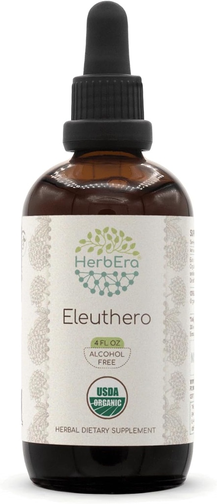 HerbEra Eleuthero B120 USDA Organik Tincture 124; Alcohol-Extract Bebas, High-Potency Herbal Drops 124; Certifikasi Eleutheranic Eleutherococcus Senticcus, Siberia Ginseng) Root kering (4 oz)