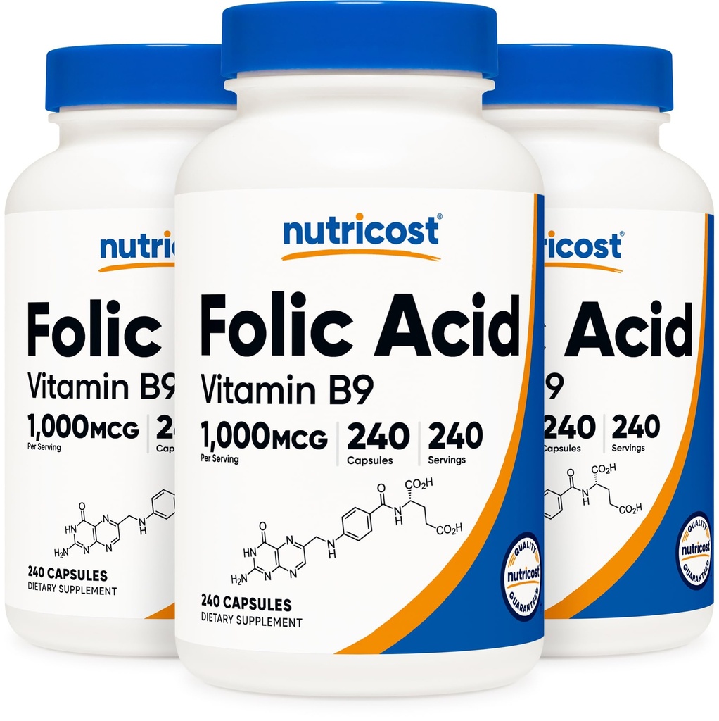 Nutricost Folic Acid (Vitamin B9) 1000 mcg, 240 Capsules (3 Botol)