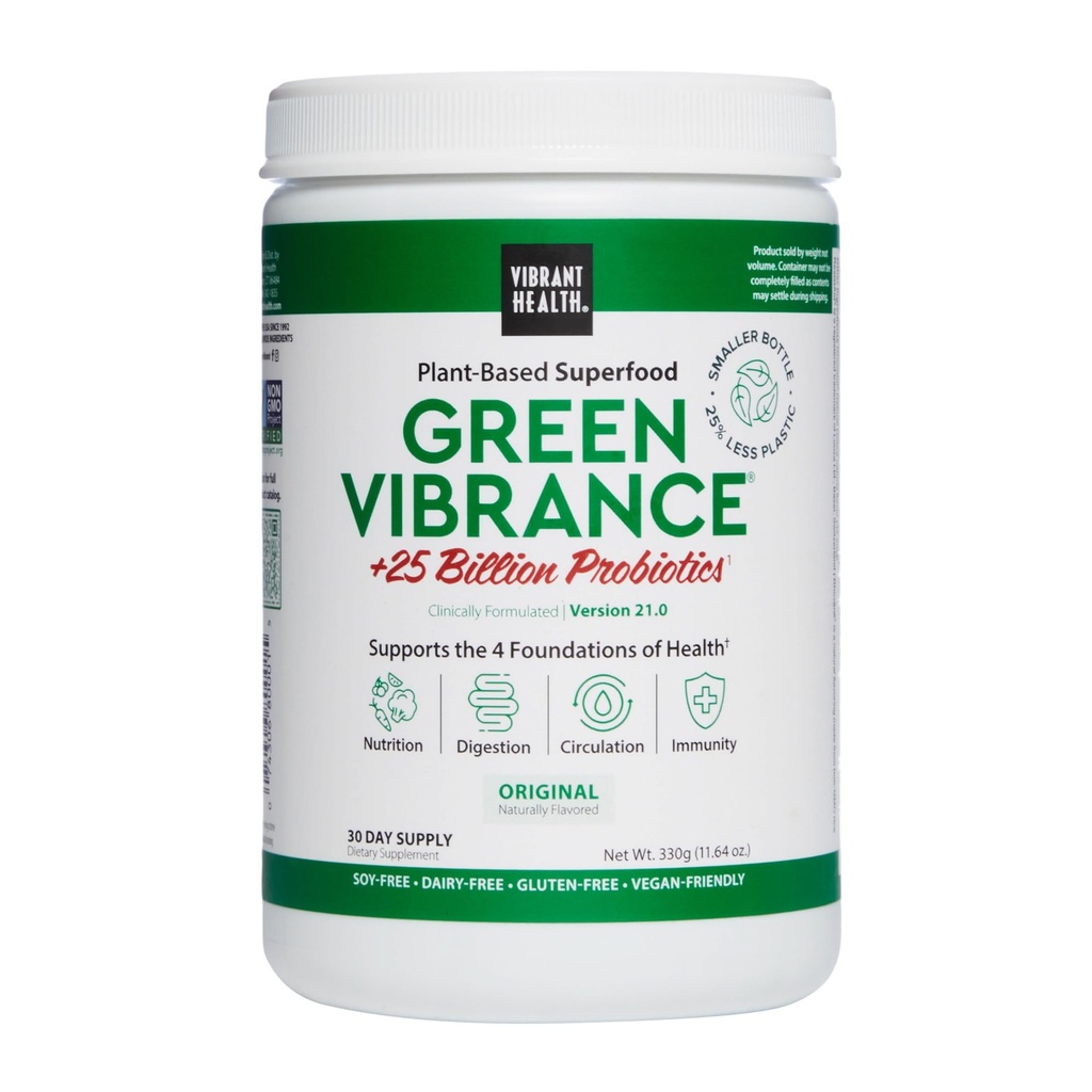 Vibrant Health, Green Vibrance, includes 65 Plant-Based Superfood, 25 Milyar Propoles, Fiber, Adaptogens & Enzymes, 30 Servis