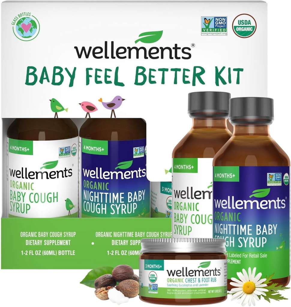 Wellients Organic Baby Feel Better Kit for 4 Months + Movious 124; Day & Night Syrups with Chest & Foot Gosok 124; Sootthing Comfort * for Baby 124; USDA Cerdened Organic, Non-GMO, Gentle Baby Care Set