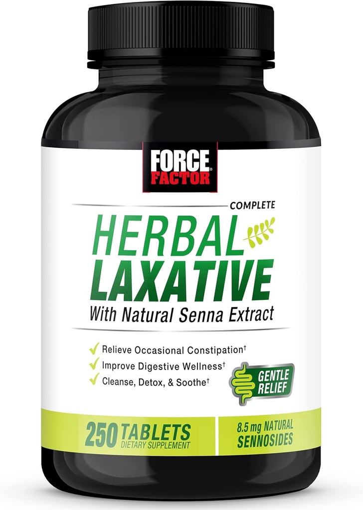 Laxative FacTOR Herbal untuk Peninggalan Sembelit bagi Orang Dewasa, Suplemen Ketegangan Dibuat dengan Senna ke Cleanse, Detox, dan Soothe, Laxatives untuk Sembelit untuk Perempuan dan Pria, 250 Tablet