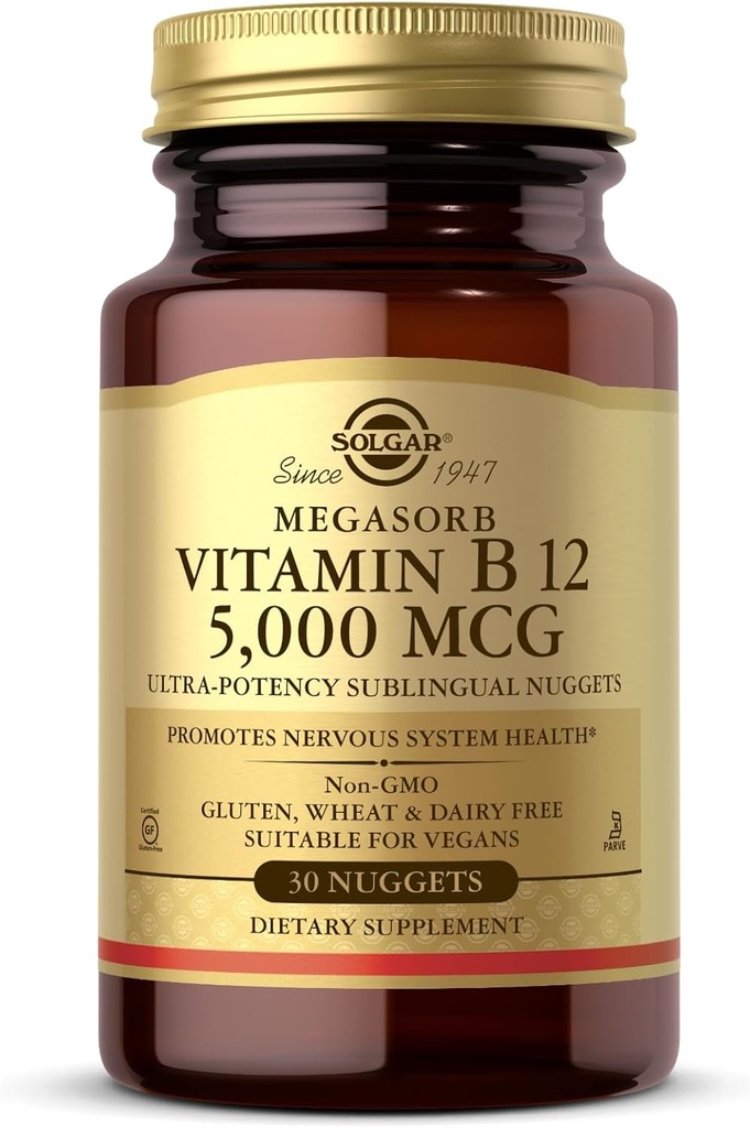 Solgar Vitamin B12 5000 mcg - 30 Nuggets - Promoses Nervous System Health - Non-GMO, Vegan, Gluten & Dairy Free - 30 Servis