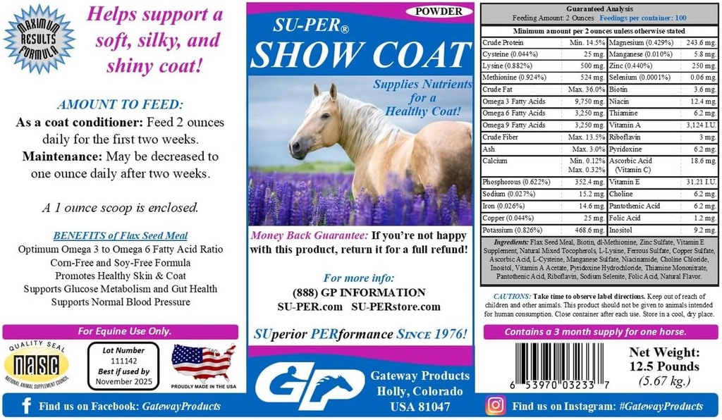 SU-PER Tampilkan Suplemen Coat untuk Kuda - Mendukung Soft, Silky, dan Sliny Coat - Mane lebih cepat dan Tail Growth - Amino Acids, B- Kompleks Vitamin dan Mineral - 12.5 Pound, 3 Bulan Supply