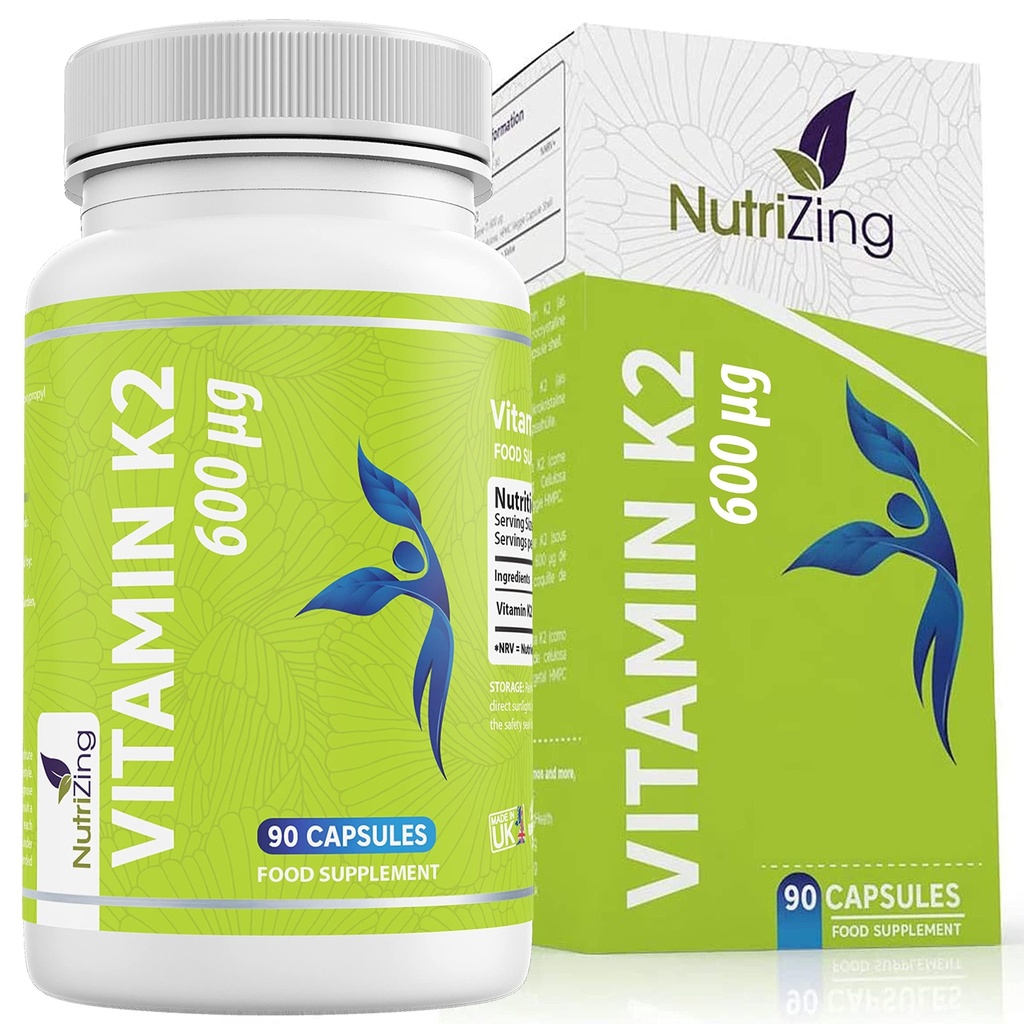 NutriZing K2 Vitamin Suplemen MK-7 - Kekuatan Tinggi 600mcg - Mendukung Kesehatan Bone & Arteri - 90 Vegan Kapsul - Vitamin K2 untuk Pria & Perempuan - 3 Pasokan Bulan