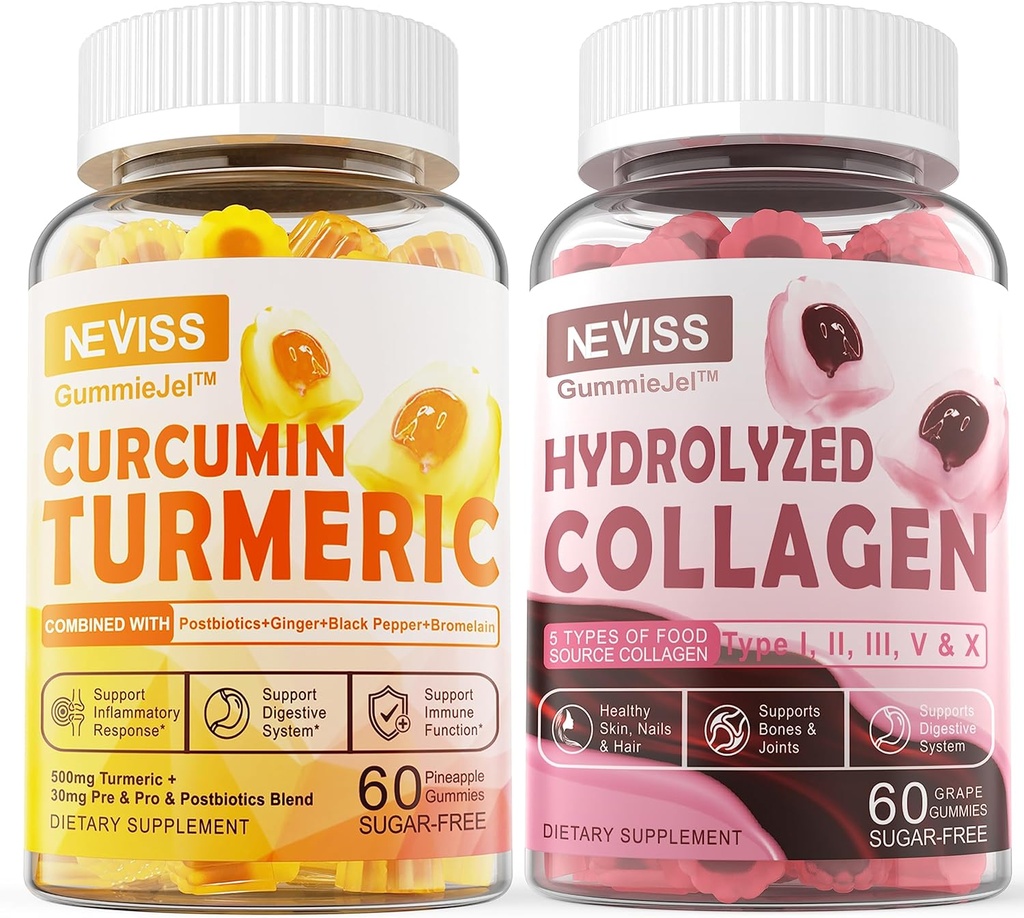 Sugar Free Collagen Filled Gummies + Sugar Free Turmeric Curcumin Filled Gummies, for Healthy Skin Hair Nails, Bone & Joint Dukung, Immune & Digetical Health