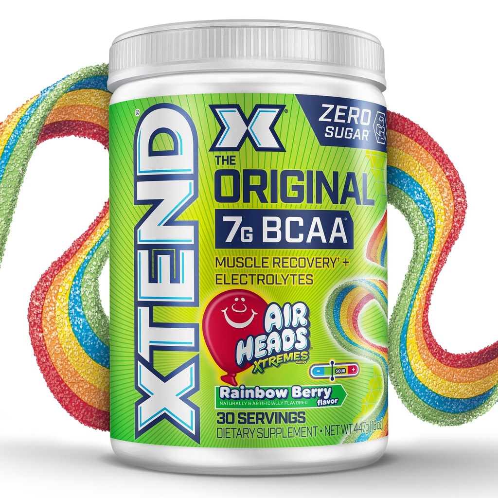 Xtend Original BCAA Powder Airheads Rainbow Berry Flavor, 7g BCAA dan 2.5g L- Glutamine, Sugar Free Post Workout Muscle Recovery Drinder with Acids for Men & Women, 30 Servings