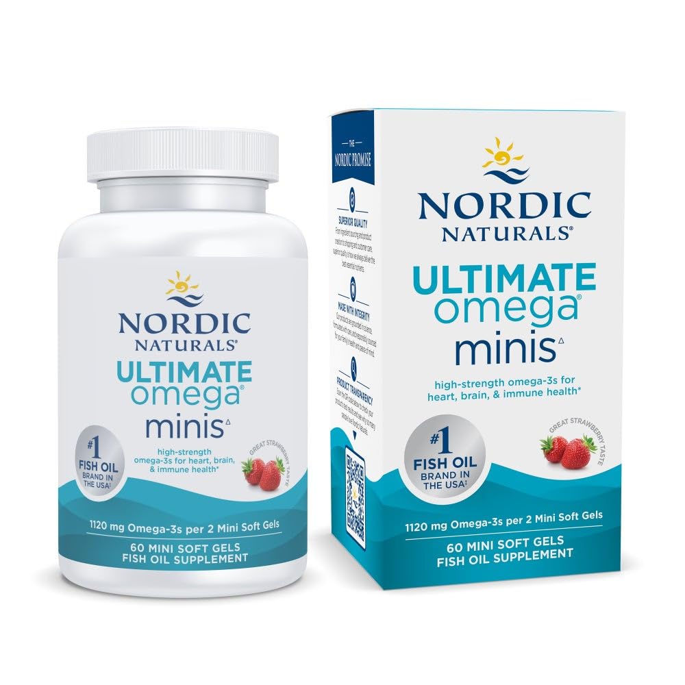 Nordic Omega Minis Ultimate, Strawberry Flavor - 60 Minis Soft Gels - 1120 mg Omega-3 - Tinggi-Potency Fish Oil Suplemen - EPA & DHA - Promes Brain & Heart Health - 30 Servis