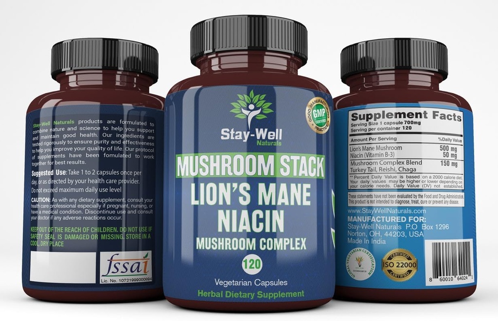 Katup Suplemen Singa Mane Mushroom dengan Niacin 124; Mushroom Cussules, dengan Jamur Tail Turki, Chaga Mushroom dan Ekstrak Jamur Reishi, Kapsul Suplemen Jamur