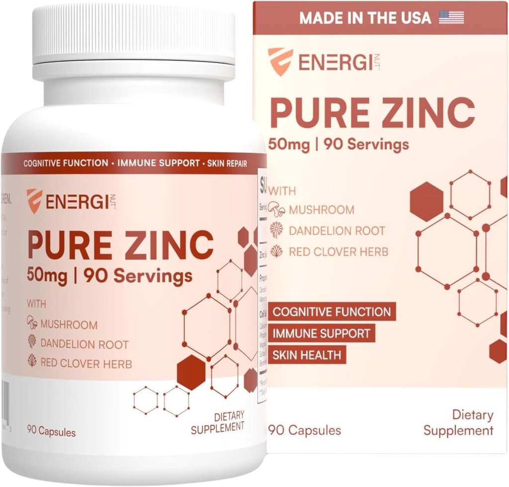 ENERGI Zinc Blend dengan Vitamin A, B-3 & B-6, Suplemen Dukungan Ammune dengan Root Marshmellow, Dandelon Root Extract & Shiitake Mushroom, 90 Zinc Suplemen Capsules