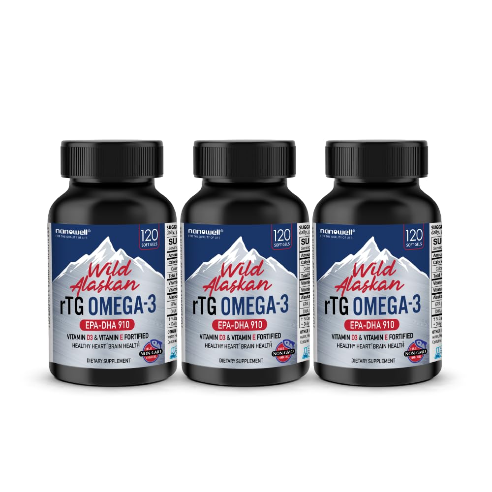 NANOWELL Wild Alaska rTG Omega-3 Fish Oil 1196mg - EPA, DHA, Vitamin D3 & E - 120 Softgeels x 3 Bottles (360 Count)