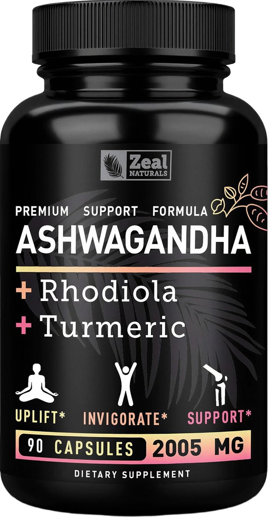 Aswagandha Kompleks - Organik Ashwagandha Root Powder + Rhodiola Rosea + Turmeric - Premium Dukung Formula - Ashwagandha Capsules Supplemen