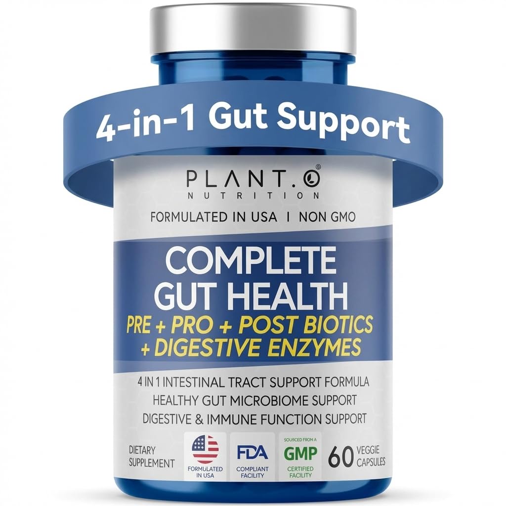 4 in- 1 Gut Health Support - Pregories + Propoletic + Postities + Digetical Enzymes - DE111 Spore Probiotic for Digeatly Duption & Bloating - Non-GMO, Made in USA - 60 Vevgie Capsules