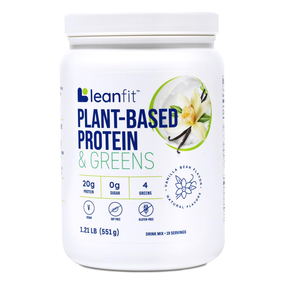 LeanFit Plant - Based Protein & Greens Natural Vanilla - 20g Plant Protein + 4 Leafy Greens Per Serving - Vegan, Gluten- Free, Soy- Free, No Sugar - 19 Servings, 1,21 Pound Tub