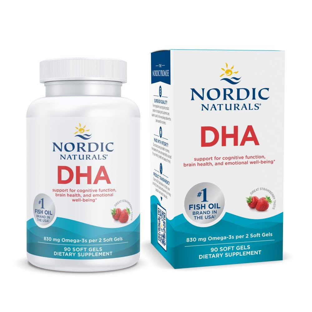Nordic Averal DHA, Strawberry - 90 Soft Gels - 830 mg Omega-3 - High- Intensity DHA Formula untuk Dukungan Sistem Otak & Gugup - Non-GMO - 45 Servings