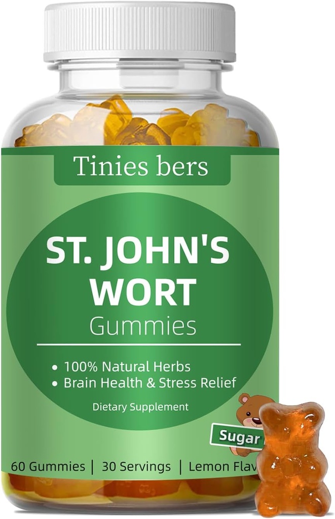 St John 's Welt Gummies 500mg, Sugar Free Gummies for Dewasa Anak, Herbs Terbaik Gummies for Brain and Stress Relief, Non-GMO, Gulten Free, Vegan, Pectin, 60