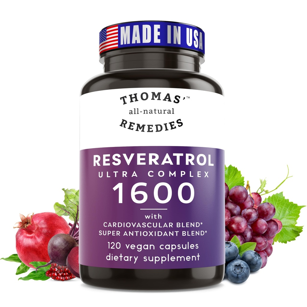Thomas 'all-natural Remedies Resveratrol 1600mg Organik Transform-Resveratrol Antioksidant Support Organic Grape dan Quercetin- Anti- Aging dan Cardiovascular Supports - 120 Capsules