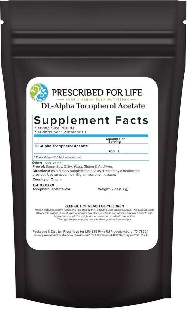 Prescricted For Life Tocopherol Acetate Powder, Air Soluble Alpha Vitamin E, 700 IU Demm Powder, Vegan, Gluten Free, Non GMO (2oz / 56g)