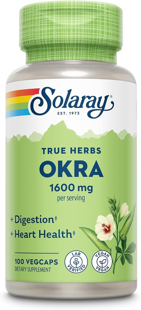 Fruit SOLARAY Okra 1600 mg - High Fiber Supplement for Wellness Support - Rich source of Soluble Fiber - sama dengan 6.4 g Fresh Okra per Serving, Vegan, 60-Day Affitee - 25 Pelayan, 100 VevCaps